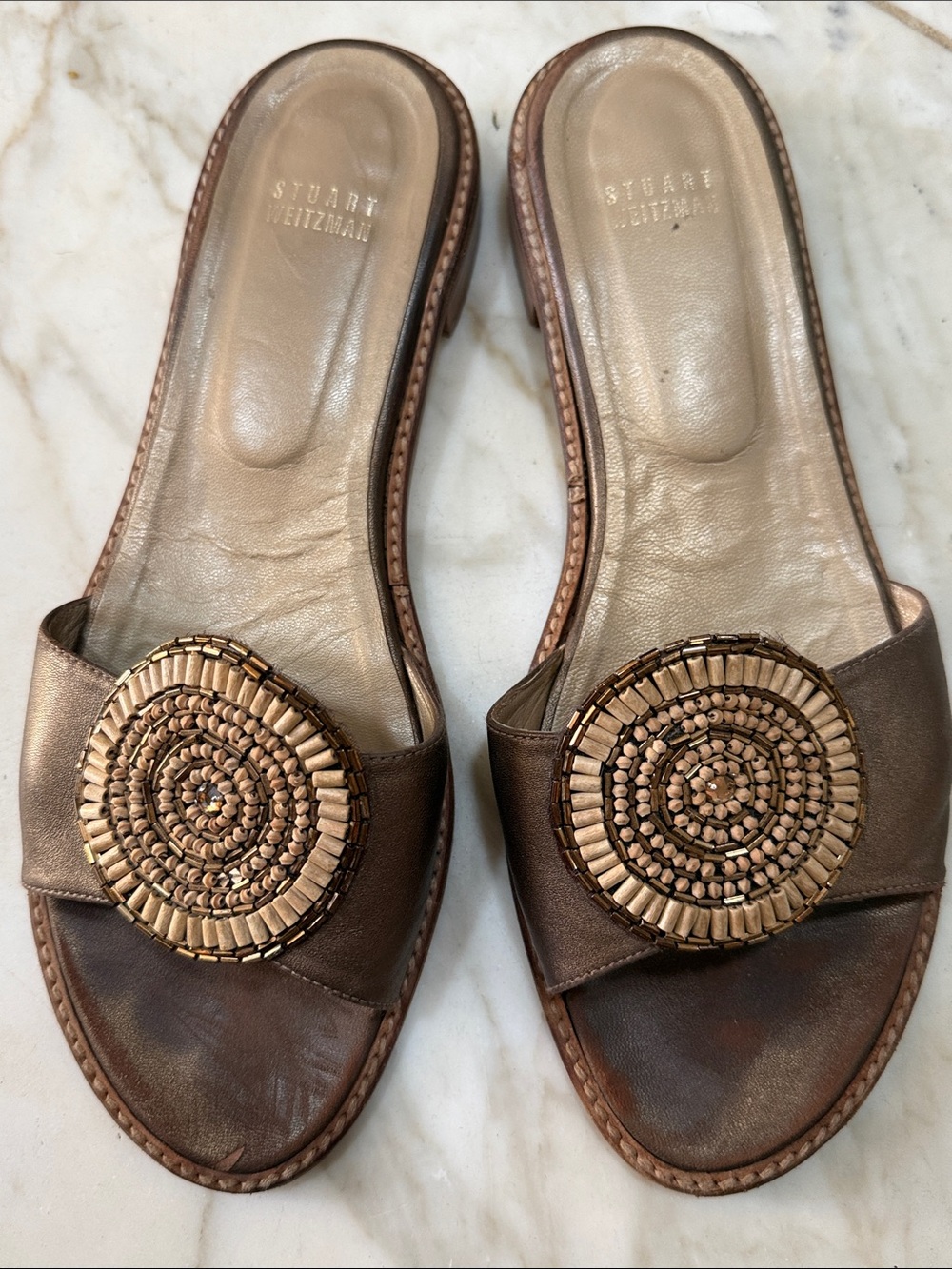 Stuart Weitzman Bronze Leather Slide Sandals with Woven Round Medallions size 10